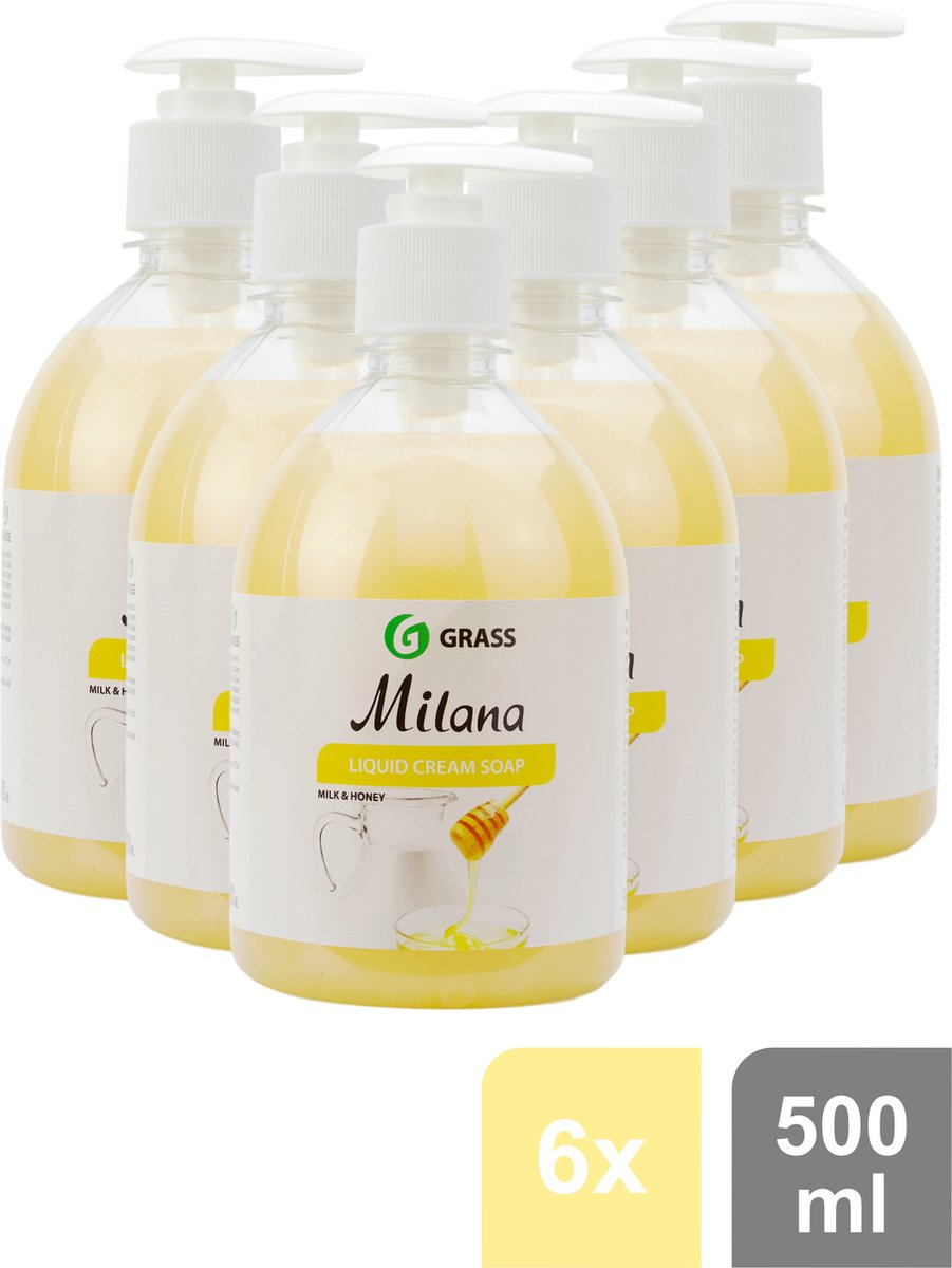 Grass Milana - Handzeep - Melk en Honing - Verzachtend - 6 x 500ml - Voordeelverpakking