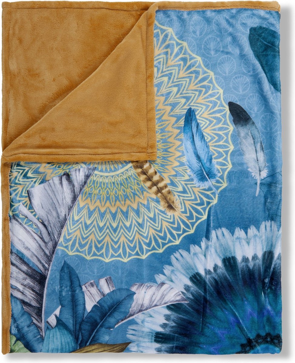 Luxe Plaid 130x160 cm - Zebra en Tropische Bloemen Print - Blauw/Geel - Polyester - Voor 1 Persoon