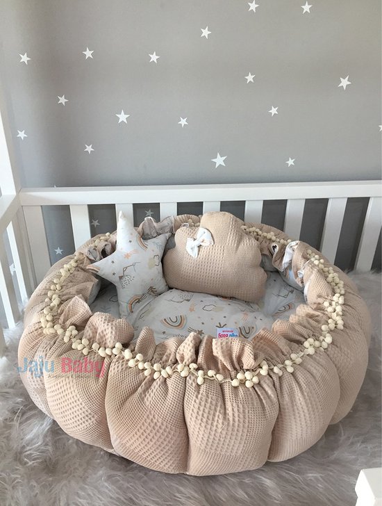 Jaju Baby - Baby Speelmat - Organische Katoen Speelkleden - Antibacterieel Speelmat - Anti-Allergisch Speelmat - Bruin en Regenboog Patroon - 120 x 120 cm van Jaju Baby — afbeelding 2