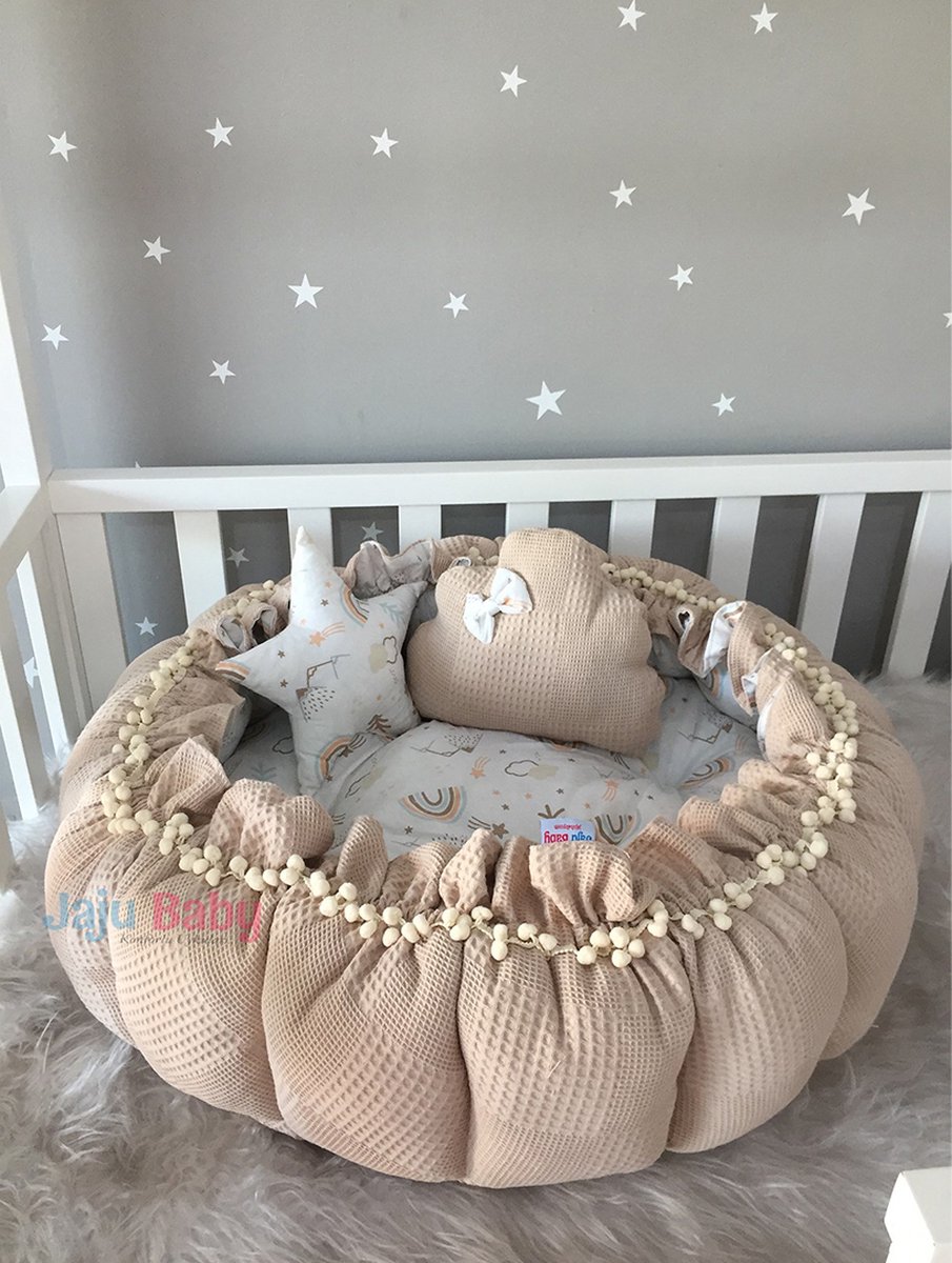 Jaju Baby - Baby Speelmat - Organische Katoen Speelkleden - Antibacterieel Speelmat - Anti-Allergisch Speelmat - Bruin en Regenboog Patroon - 120 x 120 cm