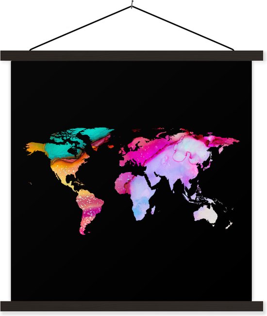 Affiche scolaire - Wereldkaart - Couleurs - Peinture - 60x60 cm - Lattes noires