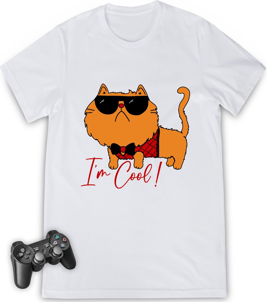 Jongens tshirt - grappige I'm Cool Cat print - Maten 92 t/m 164 - Shirt kleuren wit en zwart.