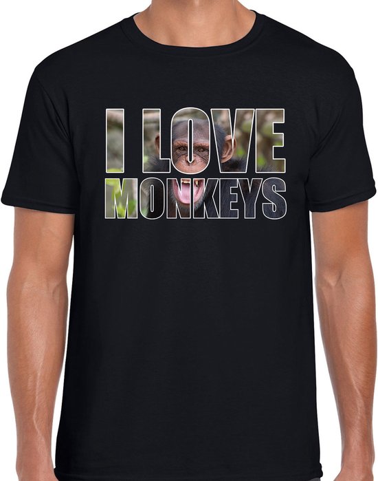 Tekst shirt I love chimpanzee monkeys met dieren foto van een chimpansee aap zwart voor heren - cadeau t-shirt apen liefhebber M