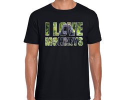 Tekst shirt I love monkeys met dieren foto van een gorilla aap zwart voor heren - cadeau t-shirt apen liefhebber XXL