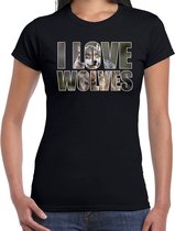 Tekst shirt I love wolves met dieren foto van een wolf zwart voor dames - cadeau t-shirt wolven liefhebber L