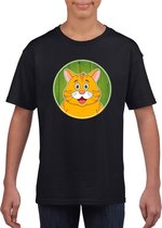 Kinder t-shirt zwart met vrolijke oranje kat print - katten shirt - kinderkleding / kleding 122/128
