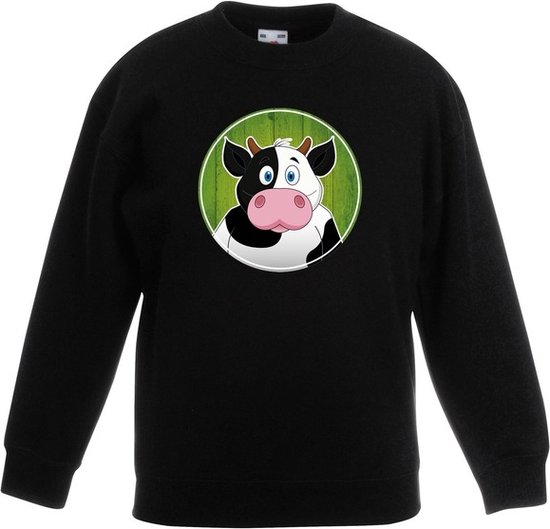 Kinder sweater zwart met vrolijke koe print - koeien trui - kinderkleding / kleding 134/146