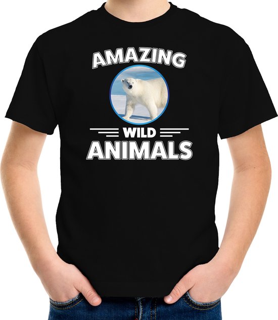 T-shirt ijsbeer - zwart - kinderen - amazing wild animals - cadeau shirt ijsbeer / ijsberen liefhebber 158/164