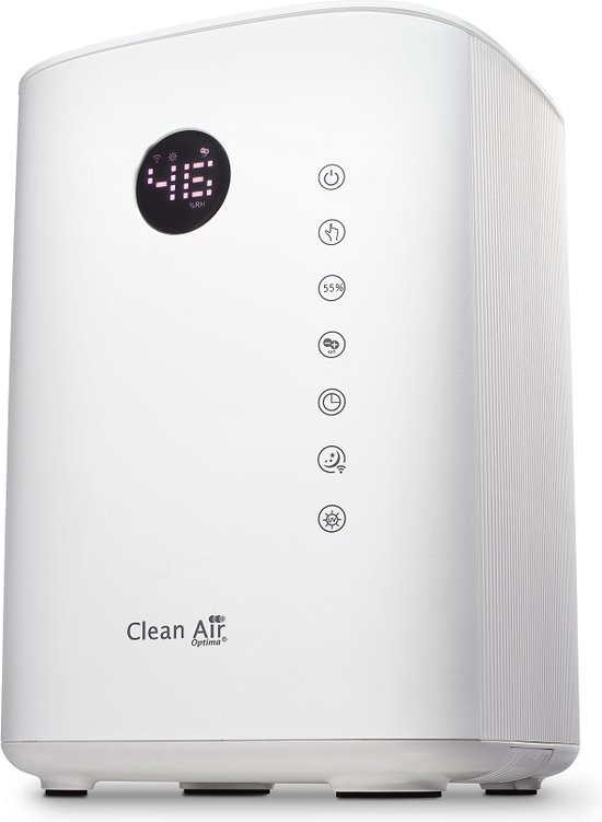 Witte Clean Air Optima luchtbevochtiger met digitaal display en zijprofiel met ribbels.