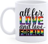 Bedrukte Koffie beker Tekt All for love - Gender - Regenboog - Quote - Thee Mug - Freedom - Spreuk liefde