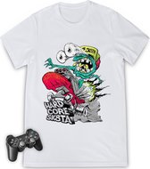 Jongens tshirt met print - Streetwear skatebord opdruk - Maat 116 t/m 164 - T shirt kleuren: wit, turquoise en rood.