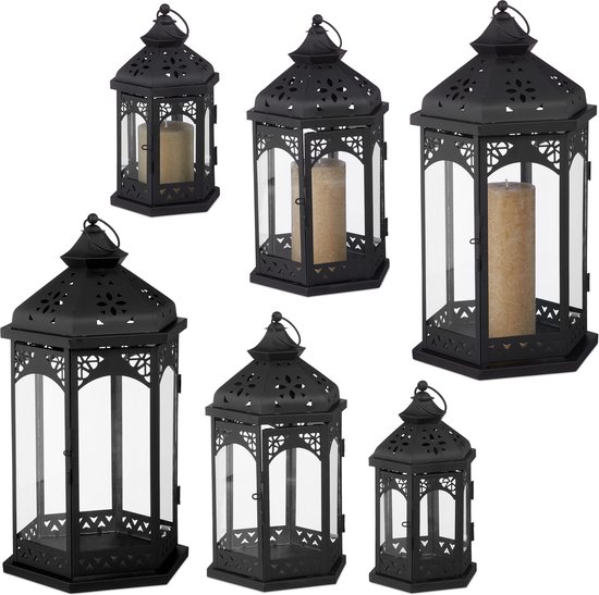 Ensemble de lanternes Relaxdays 6 pièces - vent léger - décoratif - lanternes - 3 tailles noir