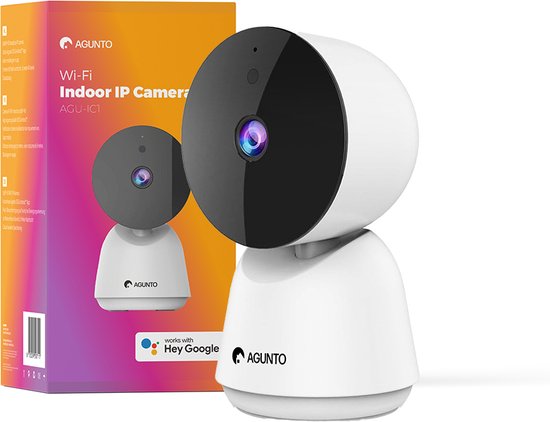 Agunto AGU-IC1 Binnen Beveiligingscamera - Babyfoon met Camera - Huisdiermonitor - Nachtzicht - Draaibaar - Google Assistant - PTZ - Beweging en Geluid Meldingen