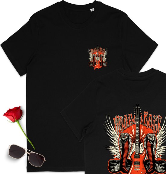 T shirt met gitaar print opdruk op voor- en rugzijde - tshirt Rock muziek voor dames en heren - Unisex maten: S t/m 3XL - T-shirt kleur: zwart.