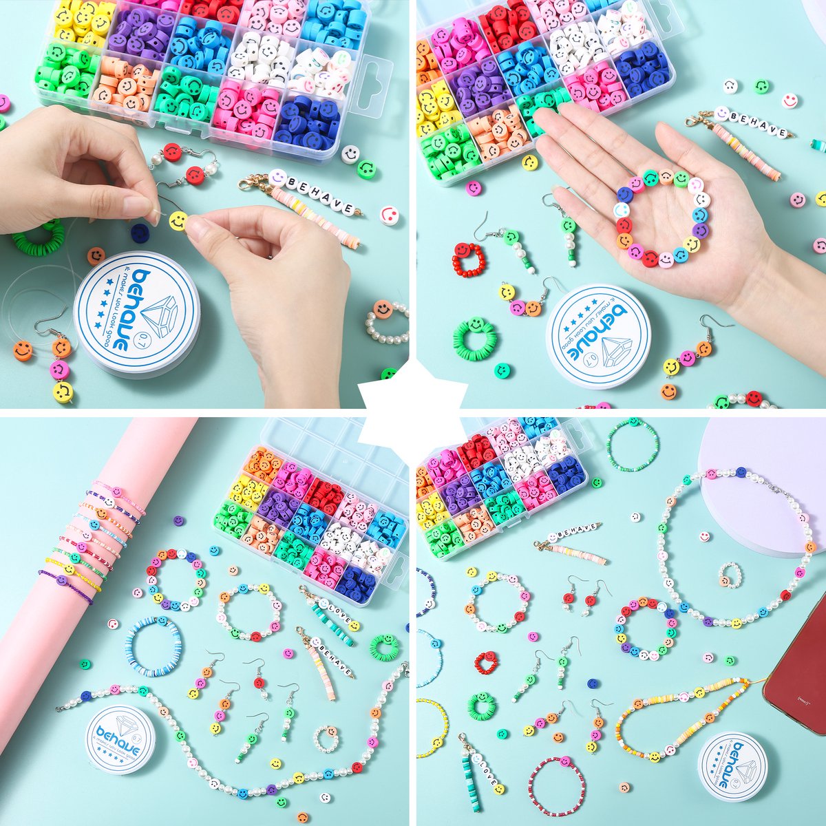 Behave Polymeer Smiley Kralen Set - Knutselen Meisjes - Klei Kralen - 440-Delig - 10 mm — afbeelding 2