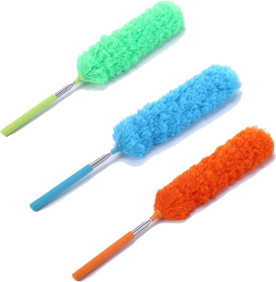 COM-FOUR® 3x chenille plumeau met telescopische steel, flexibele kop, moderne kleuren – uitschuifbare stofwisser