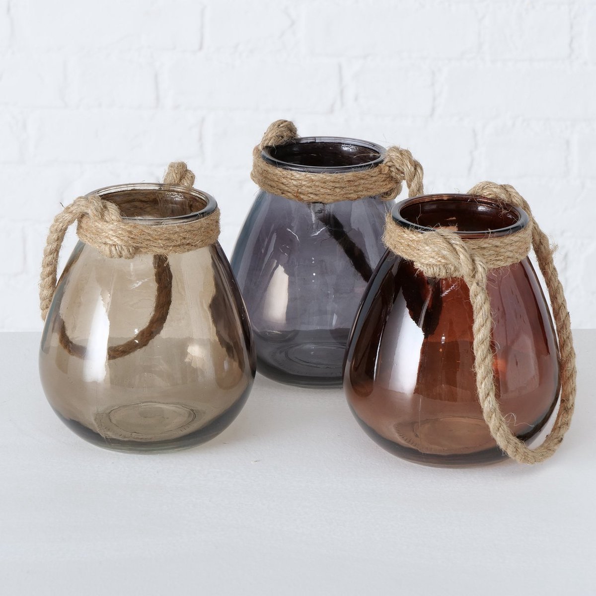 Boltze Windlicht - 3 set - Glas - Beige - Grijs - Bruin - Handmade - Ø14cm - Hoog 16cm - Jute