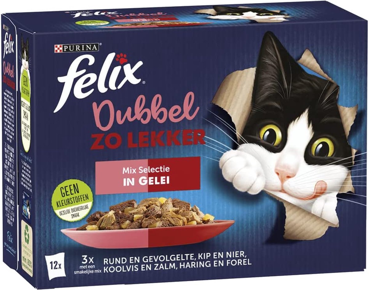 Felix Dubbel Zo Lekker Mix Selectie kattenvoer, natvoer met Rund en Gevogelte, met Kip en Nier, met Koolvis en Zalm, met Haring en Forel in Gelei 12x85g - doos van 4 (48 portiezakjes, 4,08kg)