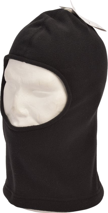 Zwarte bivakmuts van fleece met een opening voor het gezicht.