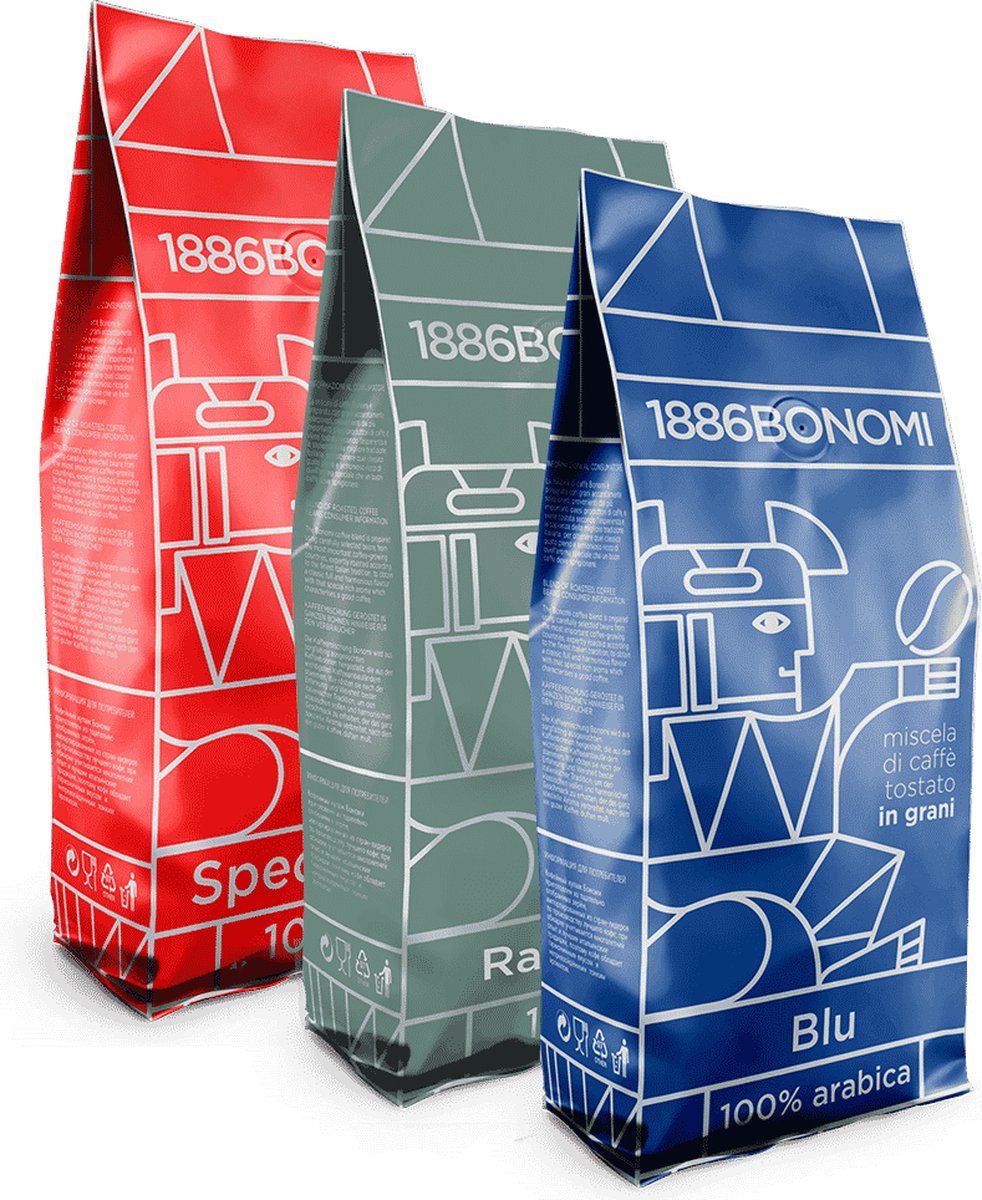 Bonomi Koffie proeverij proefpakket: BLU + RAINFOREST + SPECIAL BAR koffiebonen