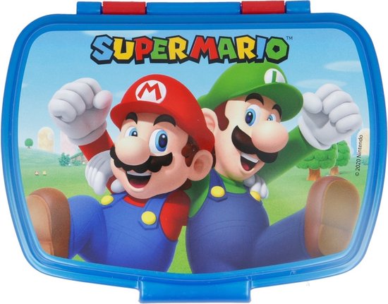 Couvercle bleu d'une boîte à pain avec Super Mario, Mario et Luigi joyeux.