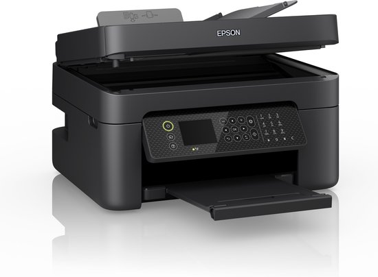 Zwarte Epson all-in-one printer met geopende deksel, met een zicht op de binnenkant.