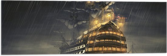 WallClassics - Vlag - Groot Schip op Zee in Storm - 90x30 cm Foto op Polyester Vlag
