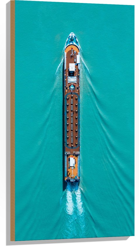 WallClassics - Hout - Bovenaanzicht van Groot Vrachtschip - 50x100 cm - 12 mm dik - Foto op Hout (Met Ophangsysteem)