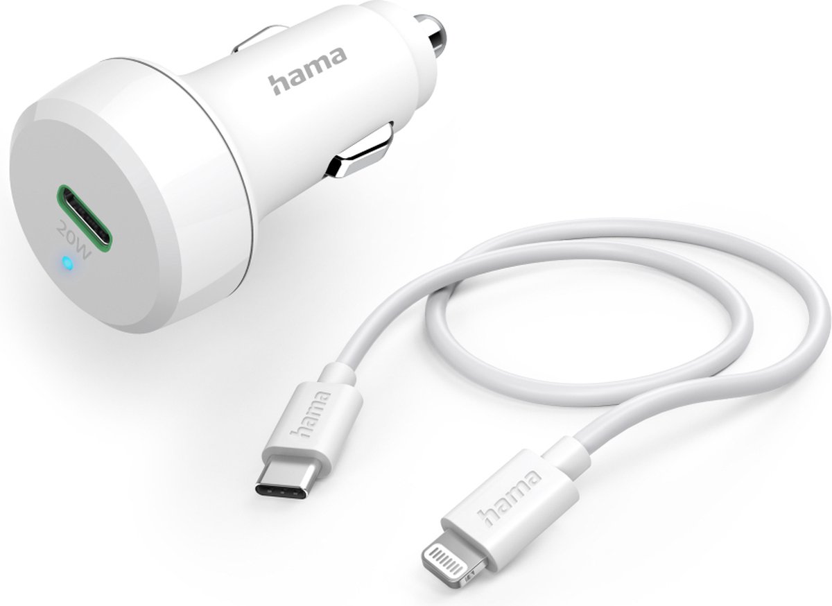 Hama Autolader met oplaadkabel - Oplader set - 20W USB-C naar Lightning - 1 meter - Power Delivery (PD) Snelladen - Geschikt voor Smartphones, Tablets, Earbuds - Beveiliging - Wit