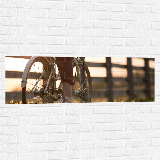 WallClassics - Muursticker - Fietser door Bloemenveld - 120x40 cm Foto op Muursticker