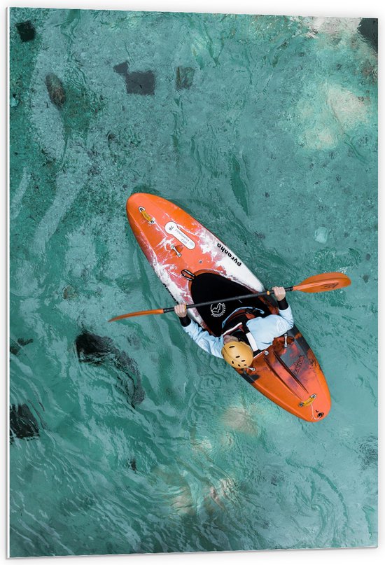 WallClassics - PVC Schuimplaat- Bovenaanzicht van Man in Kano op Oceaan - 60x90 cm Foto op PVC Schuimplaat