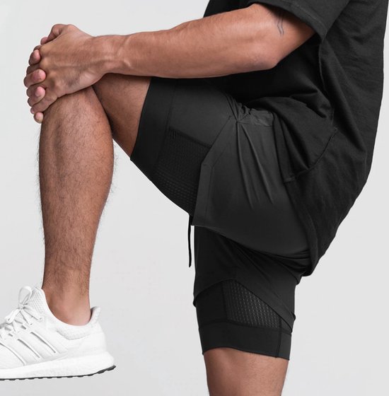 Sportbroek voor Heren - Gym broek met mobiel zak - 2 in 1 Shorts - Hardloopbroek - Heren sportbroek - Rits - Aansluitend - Zwart Maat M