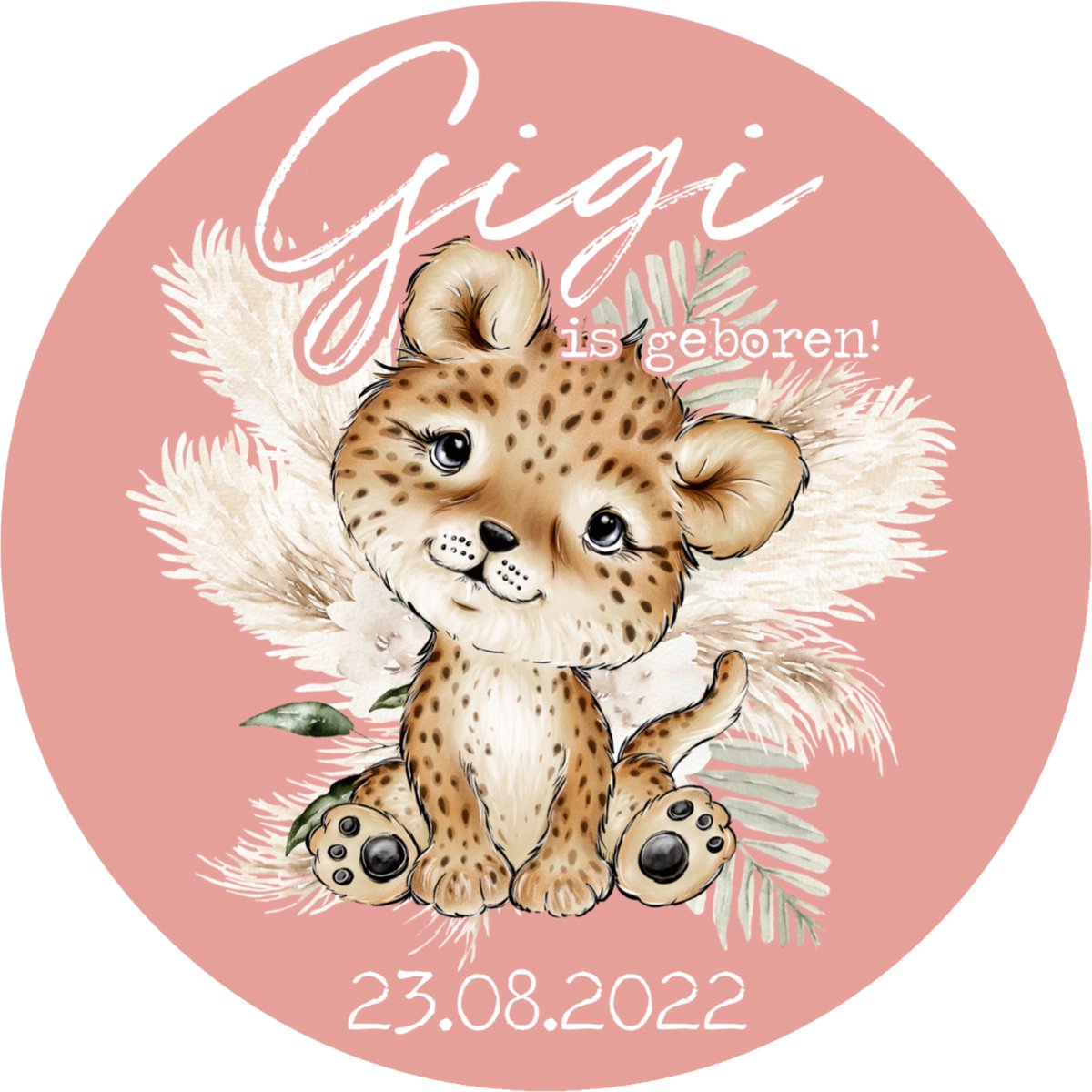 Geboorte aankondiging raam-sticker buitenkant raam-rond Baby is geboren-roze leeuwtje-naam en geboortedatum-35x35cm