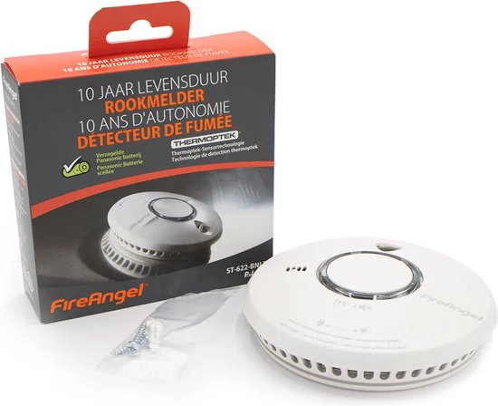 Witte FireAngel rookmelder met testknop en de verpakking met de tekst '10 jaar levensduur'.