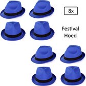 8x Festival hoed blauw met zwarte band - Hoofddeksel hoed festival thema feest feest party