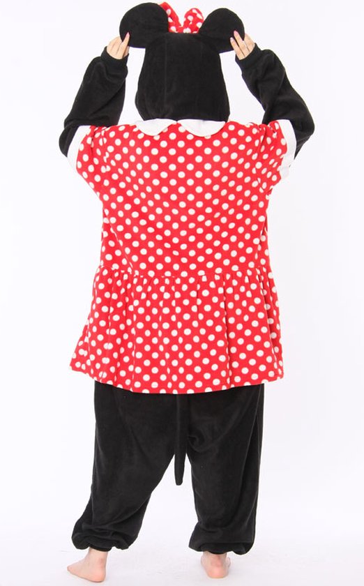 Jumpsuit in Minnie Mouse-stijl, zwart met rode jurk met witte stippen en witte kraag. Achteraanzicht.