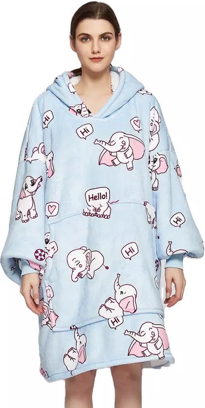 Q- Living Fleece Blanket With Sleeves -1340 grammes - Couverture à capuche - Sweat à capuche surdimensionné - Couverture TV - Blauw avec imprimé éléphant