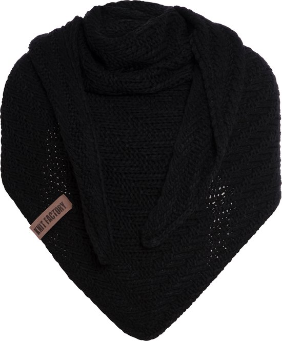 Knit Factory Sally Gebreide Omslagdoek - Driehoek Sjaal Dames - Dames sjaal - Wintersjaal - Stola - Wollen sjaal - Zwart - 220x85 cm - Grof gebreid
