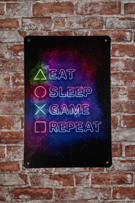 Eat sleep game repeat - Plaque en métal - Plaque murale - Décoration de bar - Résistant aux UV - Eco friendly - Plaques en métal - Décoration - 20 x 30cm - Livraison rapide - Cadeau - Salle de jeux - Cave & Garden