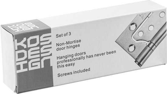 Doos met 3 Kos Design freesvrije RVS deurscharnieren. Set van 3, schroeven inbegrepen.