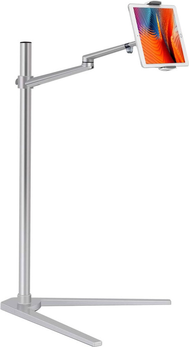 Aluminium Tablet Vloerstandaard - Zilver - Tablet Standaard voor Bed & Bank - Zorg / Ouderen / POS / Hospitality / Horeca toepassingen