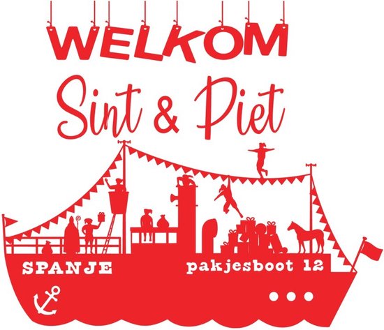 Statische Raam folie Sticker Sint en Piet Pakjesboot Schip 5 december Boot  Herbruikbaar Sticker afmeting 60x 30 tekst 40x24 cm