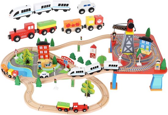 JEP . fluiten Houten treinspoor - Houten speelgoed set 88-delig met elektrische trein -  Treinspeelgoed | bol.com