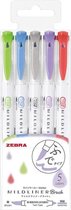 Zebra Mildliner Brush Pennen – Mild Cool & Warm Colors - Set van 5 verpakt in een Bag