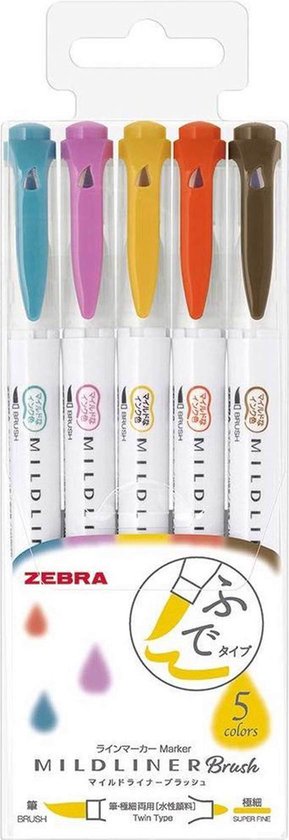 Zebra Mildliner Brush Pennen Mild Deep & Warm Colors - Set van 5 verpakt in een Bag