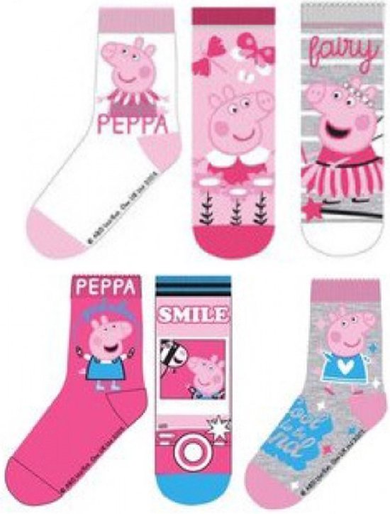 Peppa Pig Sokken | 6 Paar | Maat 31-34  | Roze | Grijs | Wit | Paars