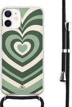 Casimoda® hoesje met koord - Geschikt voor iPhone 12 Mini - Hart Groen Swirl - Afneembaar koord - Siliconen/TPU - Groen