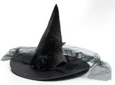 Partychimp Heksenhoed met Bloemdecoratie en Tule voor bij Halloween Kostuum Dames Carnavalskleding Dames - Polyester - Zwart