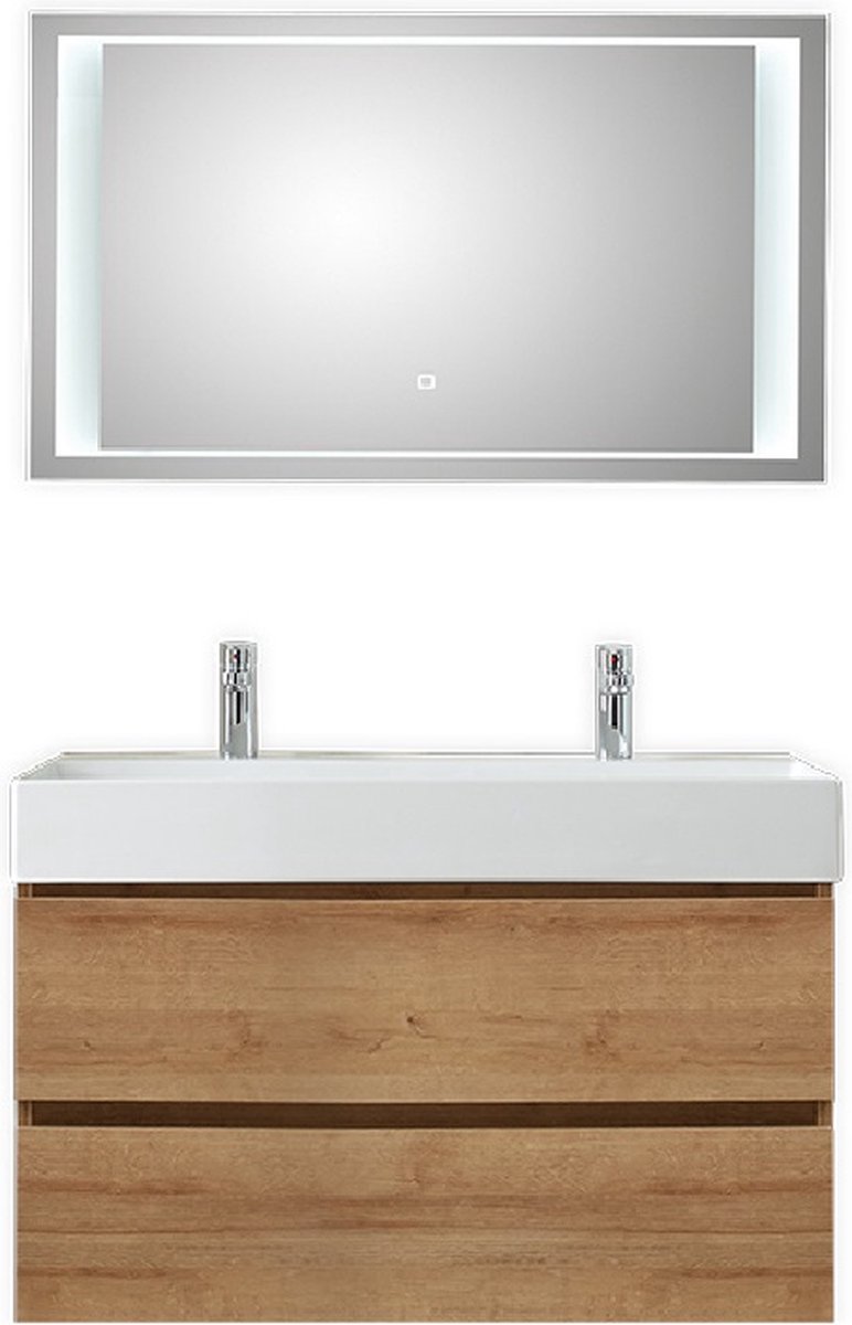 Badkamermeubel Pelipal Bali 100 cm wastafelonderkast 46 cm diep met luxe spiegel Riviera Eiken met 2 kraangaten