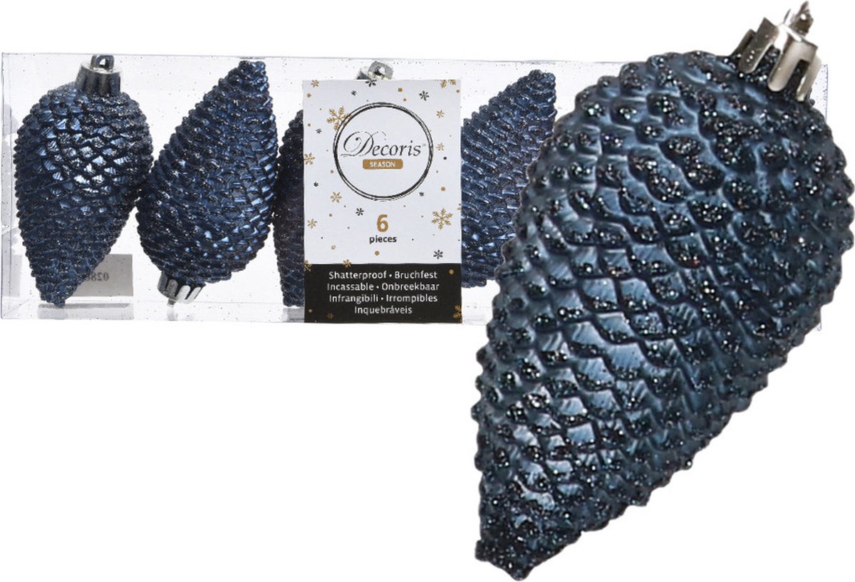 Decoris Kerstboom decoratie kerstbal dennenappels blauw 6 stuks